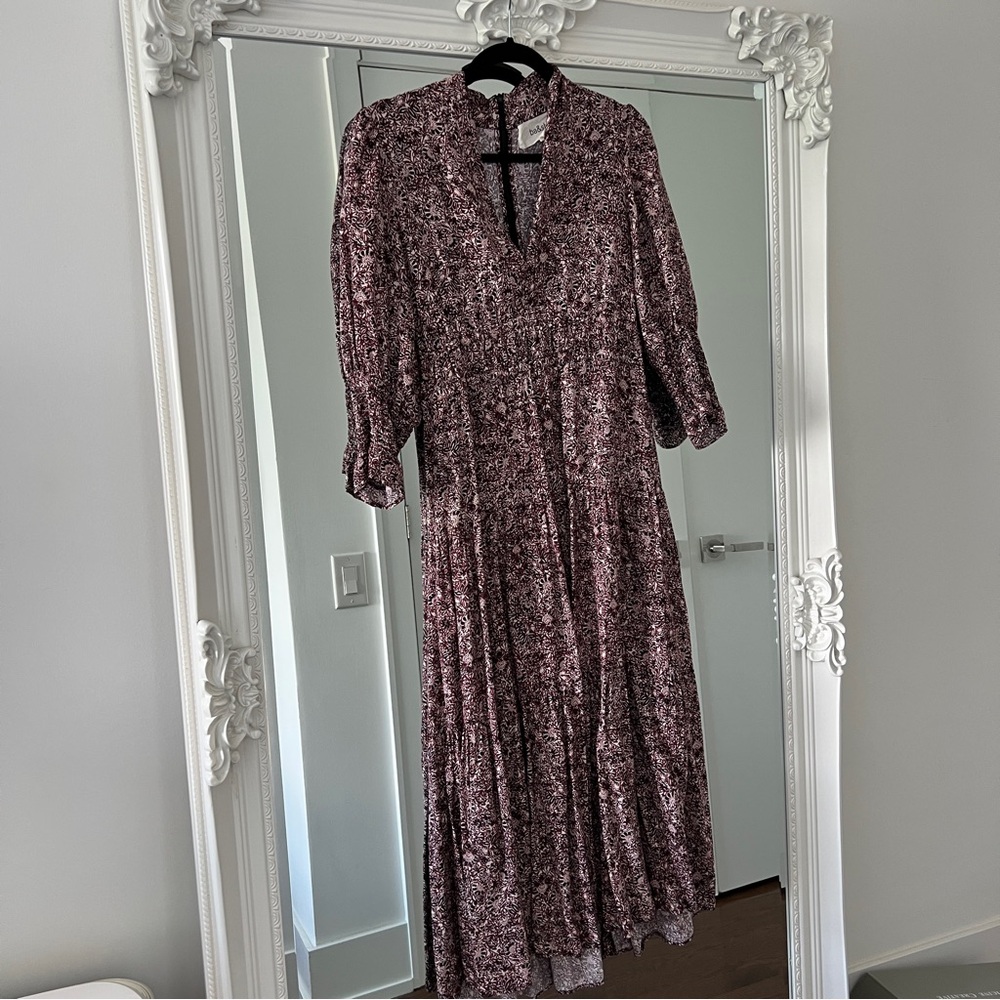ba&sh Burgundy Floral Print Ruffled Midi Dress - Size Small